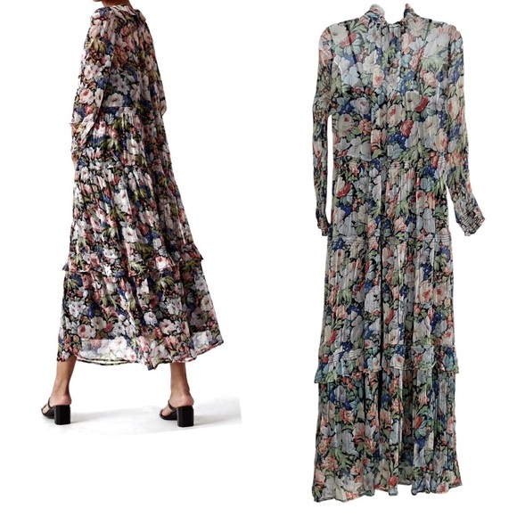 Anthropologie The Marais Printed Chiffon Maxi Dress Size XS Sheer Ruffled Tiers - Picture 5 of 16